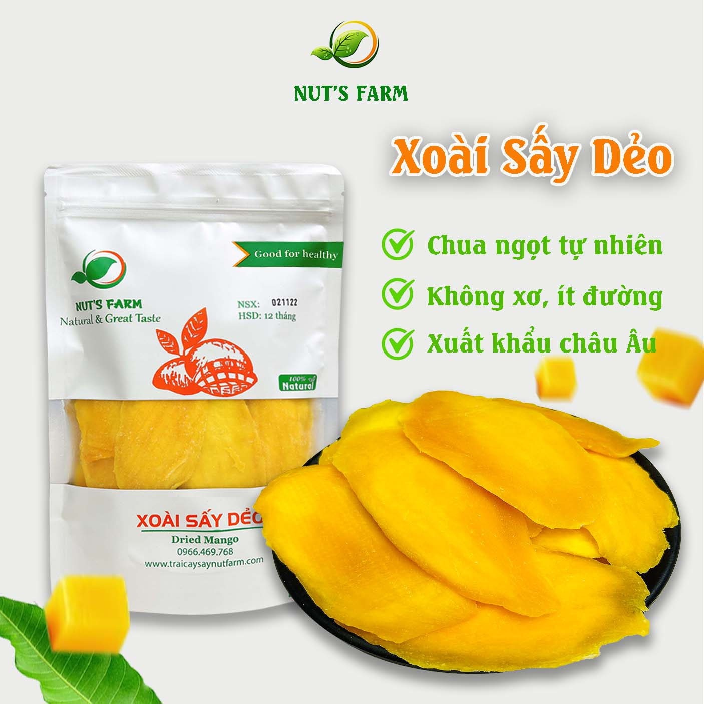 Xoài sấy dẻo Nut Farm 500g (dried mango), chua ngọt tự nhiên, không đường