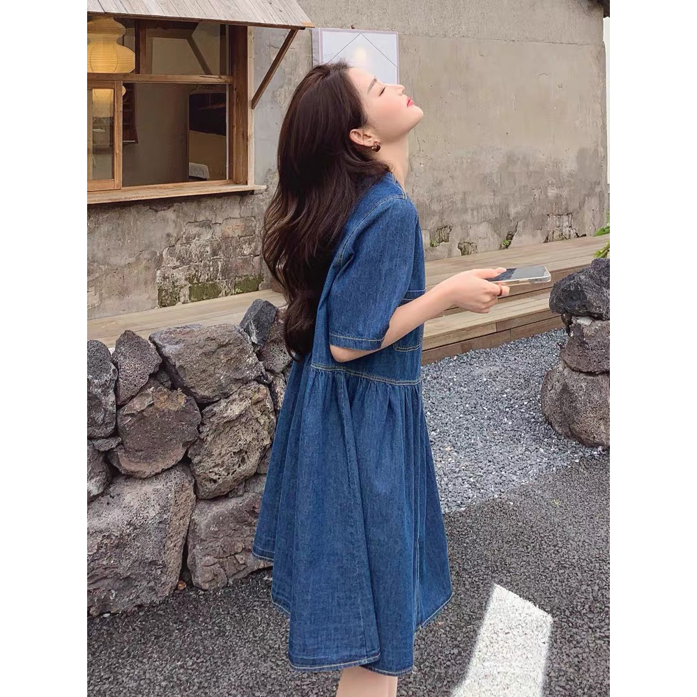 Váy Denim cổ tim dáng babydoll