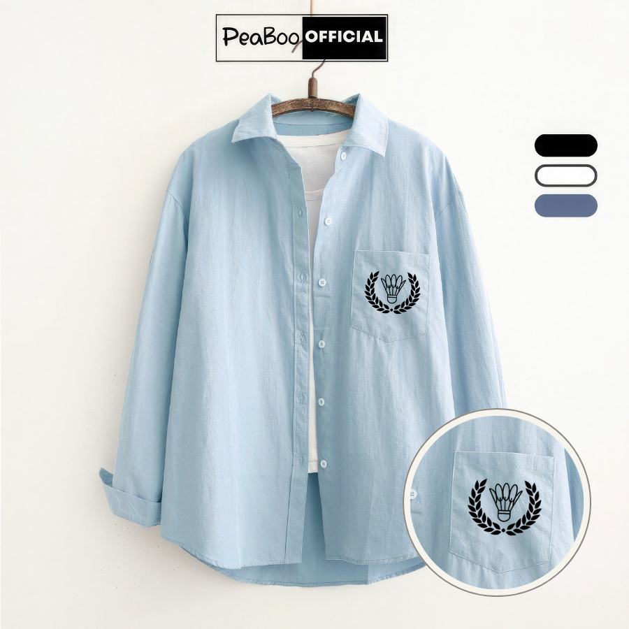 Áo Sơ Mi Nữ, Sơ Mi Nam Nữ Dài Tay Unisex By PEABOO Mã BST Huy Hiệu Chất Đũi Xước Có Túi Ngực Form Rộng Phong Cách Hàn