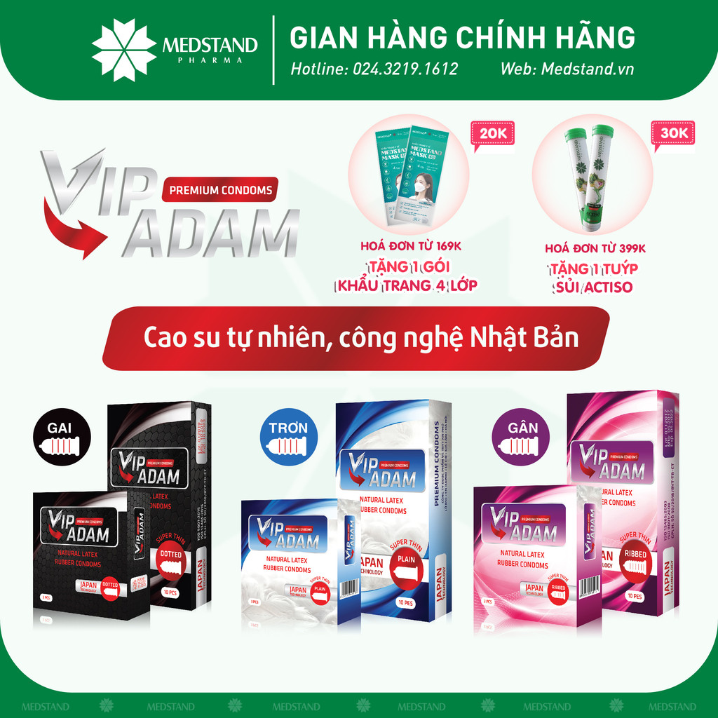 Bao cao su công nghệ Nhật Bản MEDSTAND Bao cao su Vip Adam 4 loại Trơn, Vân, Gai, Siêu mỏng (hộp 3 chiếc, 10 chiếc)