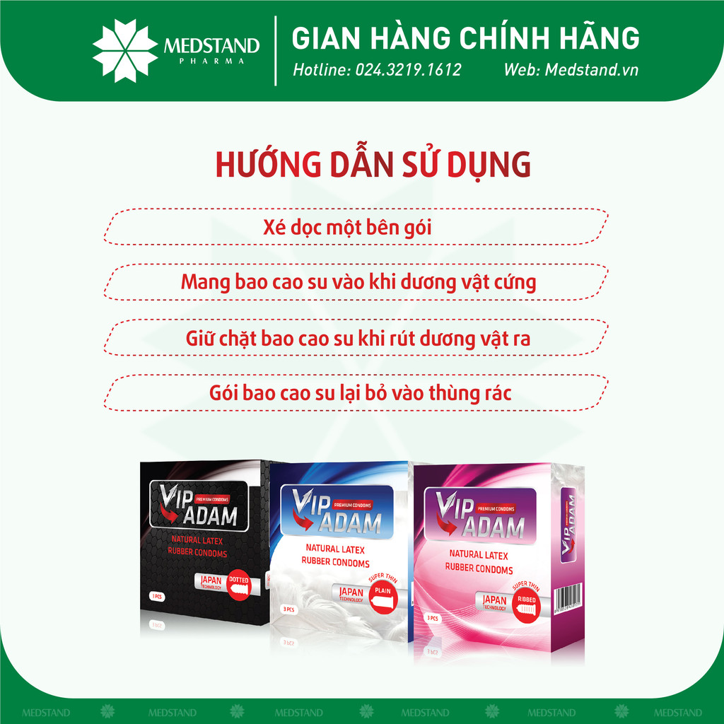 Bao cao su công nghệ Nhật Bản MEDSTAND Bao cao su Vip Adam 4 loại Trơn, Vân, Gai, Siêu mỏng