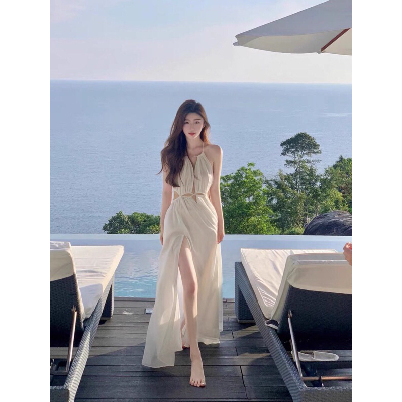 Váy maxi cổ yếm khoét eo sexy - có sẵn