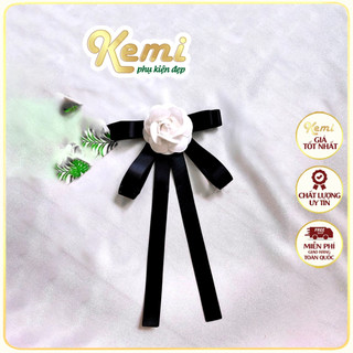 Tag nơ cài áo trắng, váy đầm dễ thương, Ghim cài cáo handmade hoa trà ruy băng lụa 11x20cm