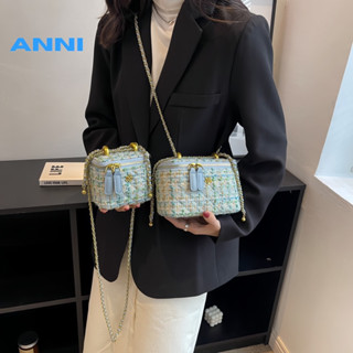  Túi xách mini đeo chéo vuông ANNI túi cốp móc len phối dây xích sang trọng chất dạ tweed cao cấp thời trang giành cho nữ 