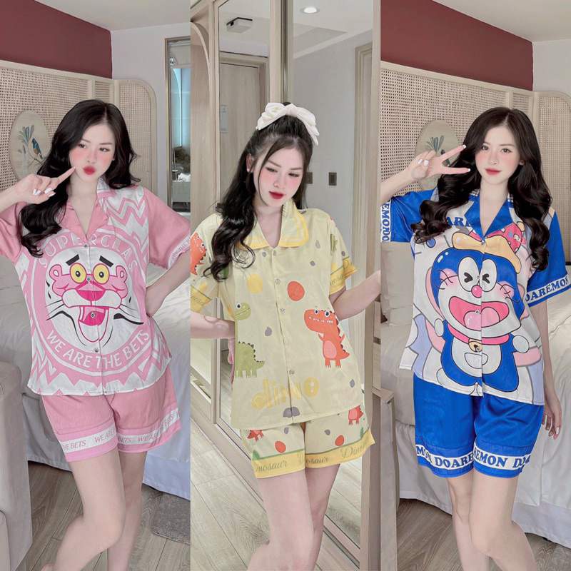Bộ mặc nhà, pijama đùi lụa xước thiết kế in 5D, đồ ngủ dễ thương free size dưới 60kg