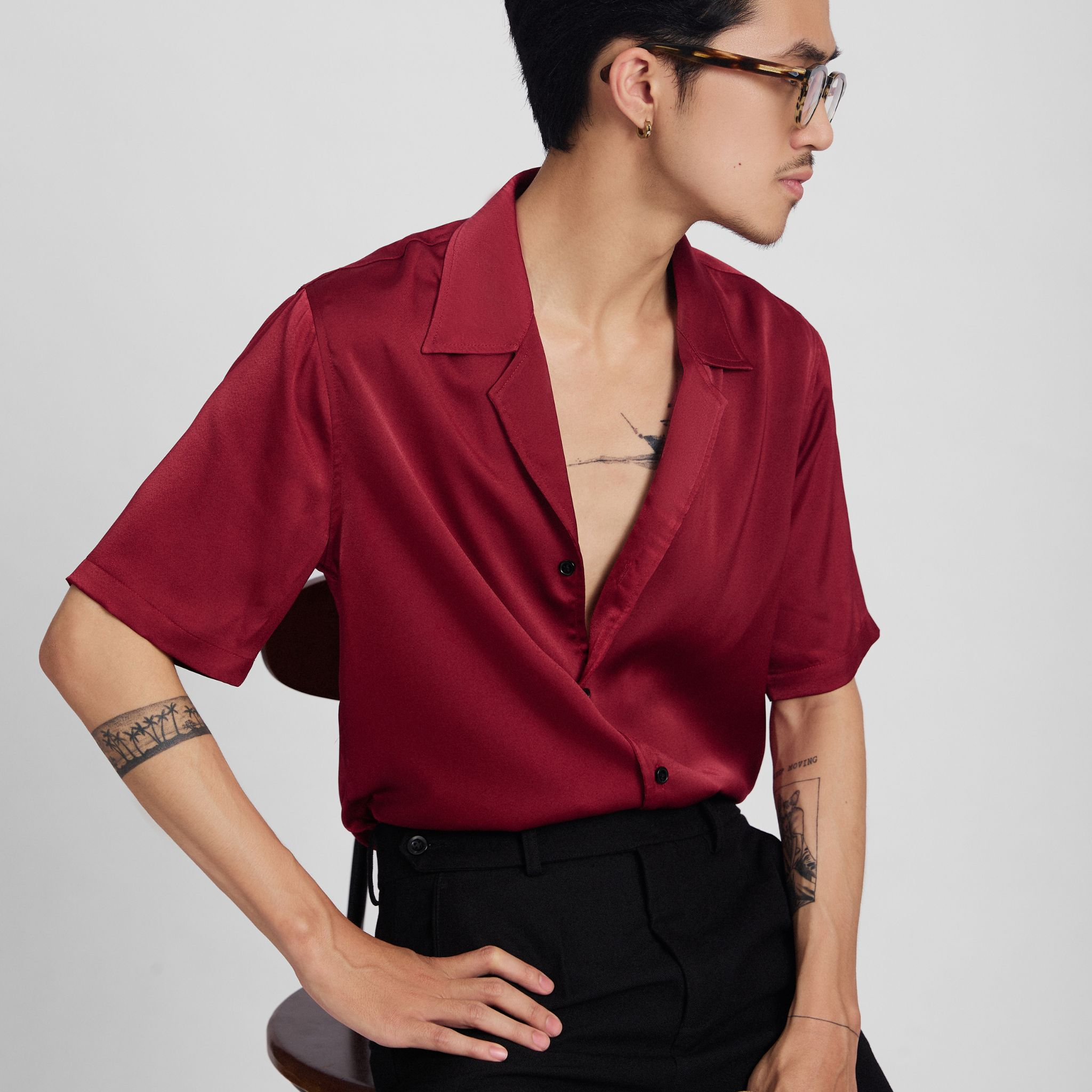 Addikt RedWine Cuban Dress Shirt Lụa Màu Đỏ Vang