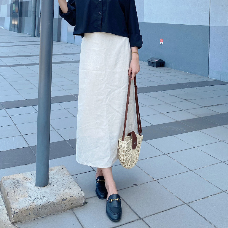 Chân váy linen form A dáng dài suông chân váy linen dáng dài nữ tính thời trang Hoa Đô màu muối tiêu HD3042