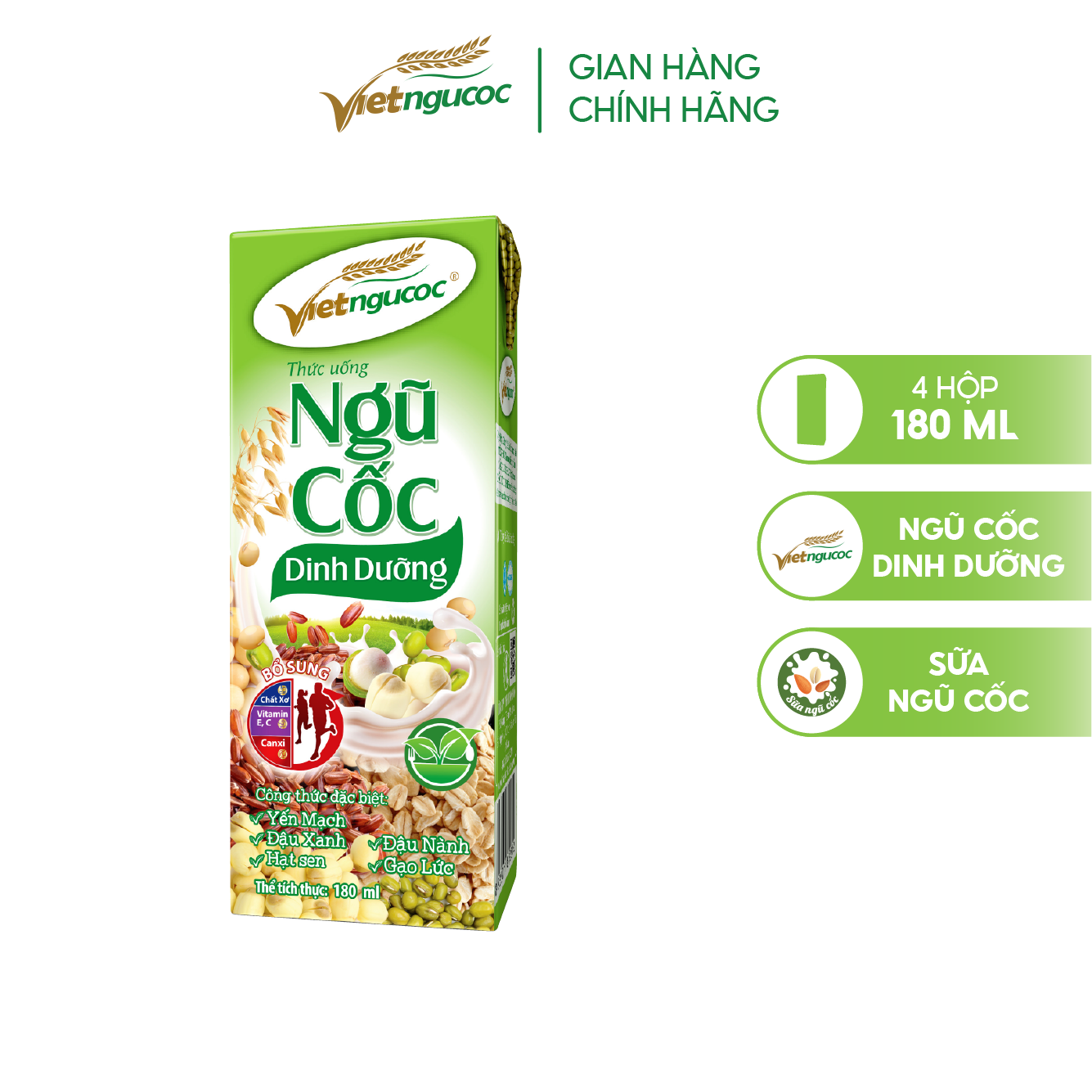 Lốc 4 Hộp Sữa Ngũ Cốc Dinh Dưỡng VIỆT NGŨ CỐC Uống Liền Bổ Sung Năng Lượng Chất Dinh Dưỡng Cho Cơ Thể 180ml/ Hộp