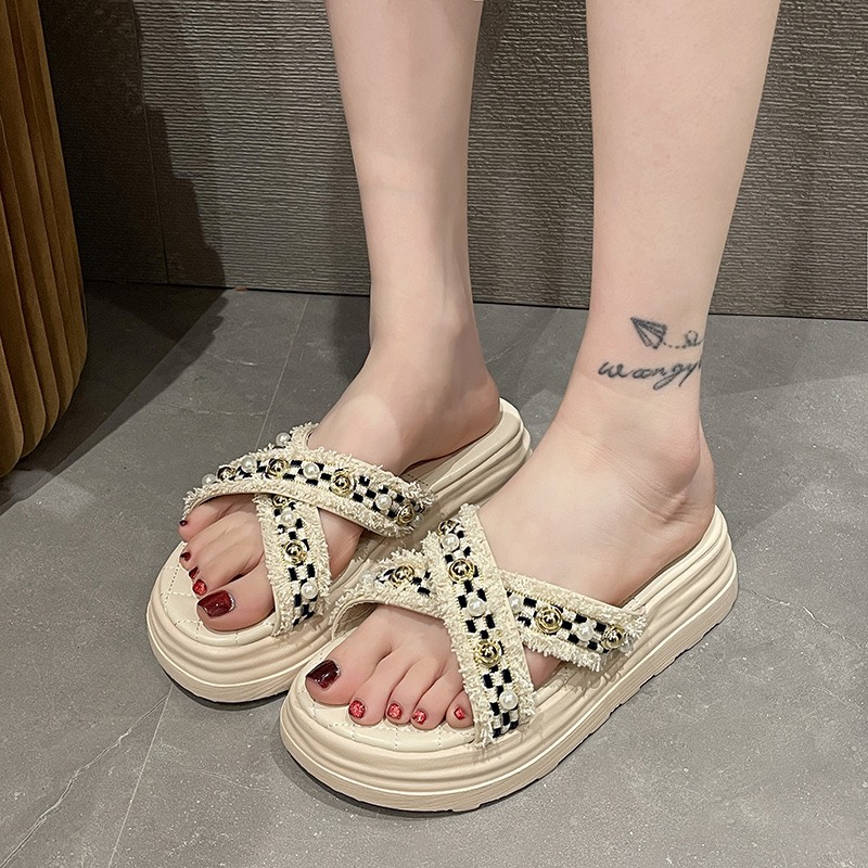 Dép nữ quai ngang  Full Hộp đế dày quai chéo đính đá thời trang cho nữ , Dép Sandal đế bánh mì nữ