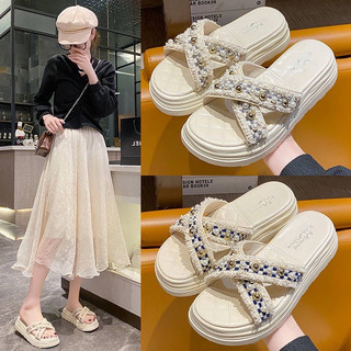  Dép nữ quai ngang   Quảng Châu   Full Hộp đế dày quai chéo đính đá thời trang cho nữ  Dép Sandal đế bánh mì nữ 