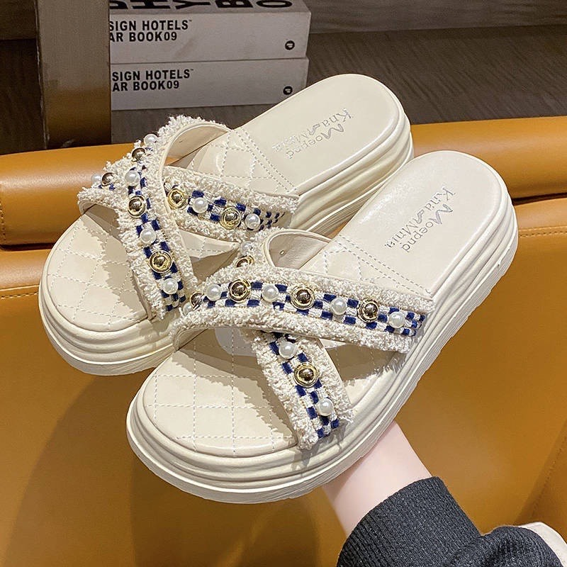 Dép nữ quai ngang  Full Hộp đế dày quai chéo đính đá thời trang cho nữ , Dép Sandal đế bánh mì nữ