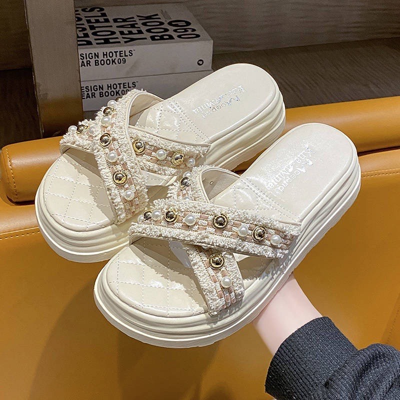 Dép nữ quai ngang  Full Hộp đế dày quai chéo đính đá thời trang cho nữ , Dép Sandal đế bánh mì nữ