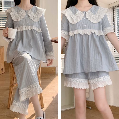 (SẴN) Set bộ cổ tròn xanh pastel viền 2 bên phối ren quảng châu