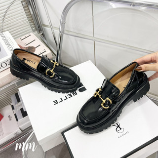 Giày moca da bóng tag vàng đế cao
