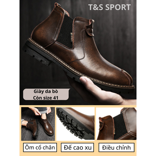 Giày da bò nam đế cao không dây, giày da bò thật cổ lửng dòng chelsea boot đế cao su đúc chống trơn tăng chiều cao