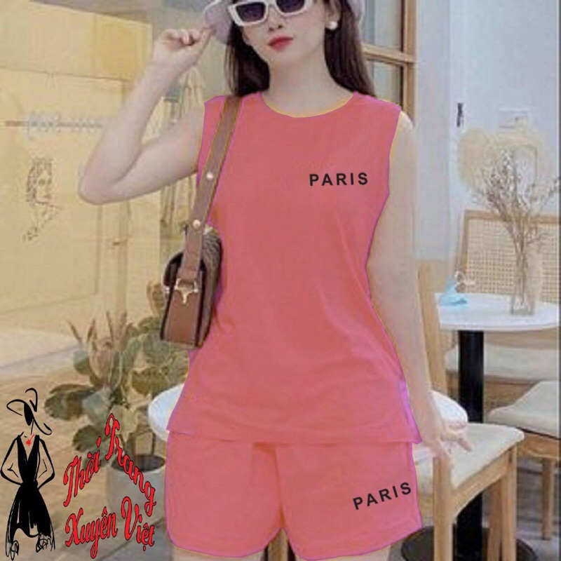 Bộ quần đùi áo sát nách xẻ tà mặc nhà in chữ Paris
