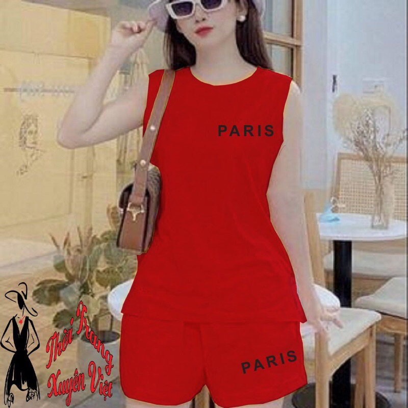 Bộ quần đùi áo sát nách xẻ tà mặc nhà in chữ Paris