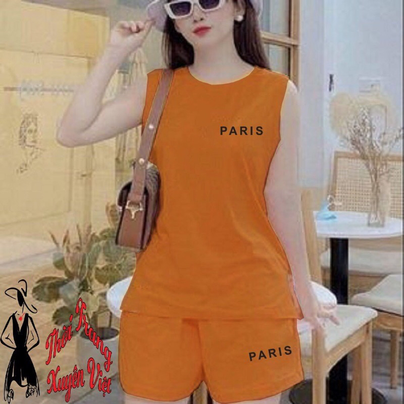 Bộ quần đùi áo sát nách xẻ tà mặc nhà in chữ Paris