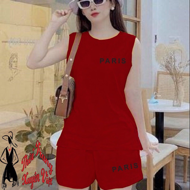 Bộ quần đùi áo sát nách xẻ tà mặc nhà in chữ Paris