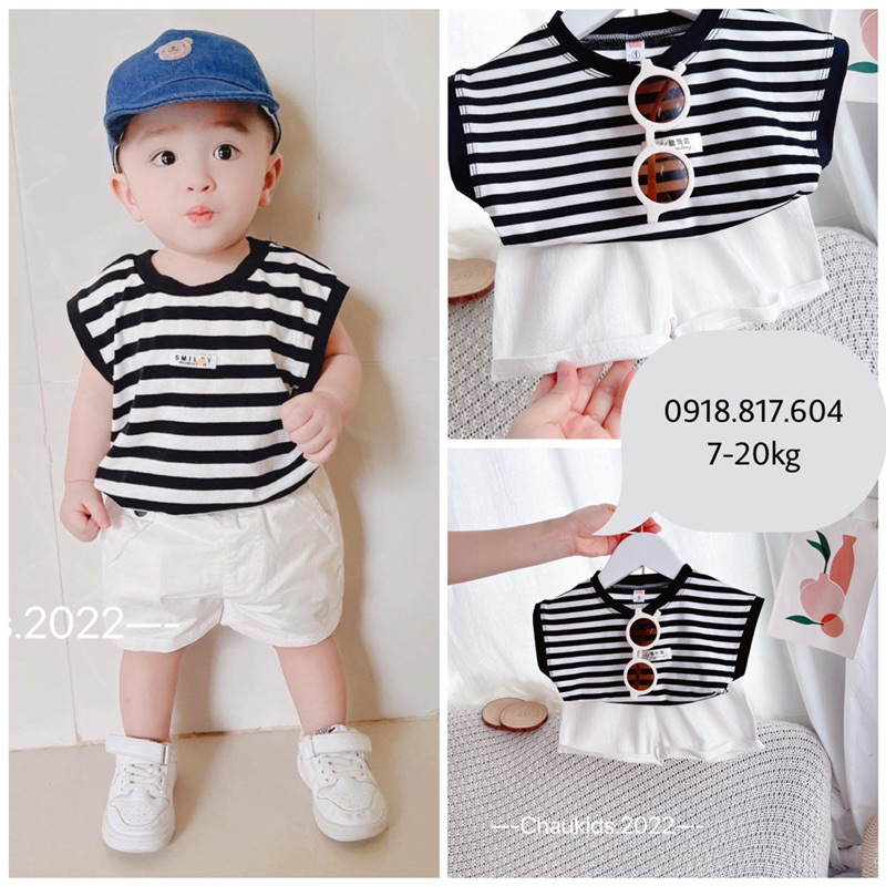 Quần áo bé trai. Đồ đi chơi bé trai. Bộ đi biển bé trai.Bộ bé trai. Set bé trai Châu Kids. Bộ áo kẻ sọc tay hến kèm quần