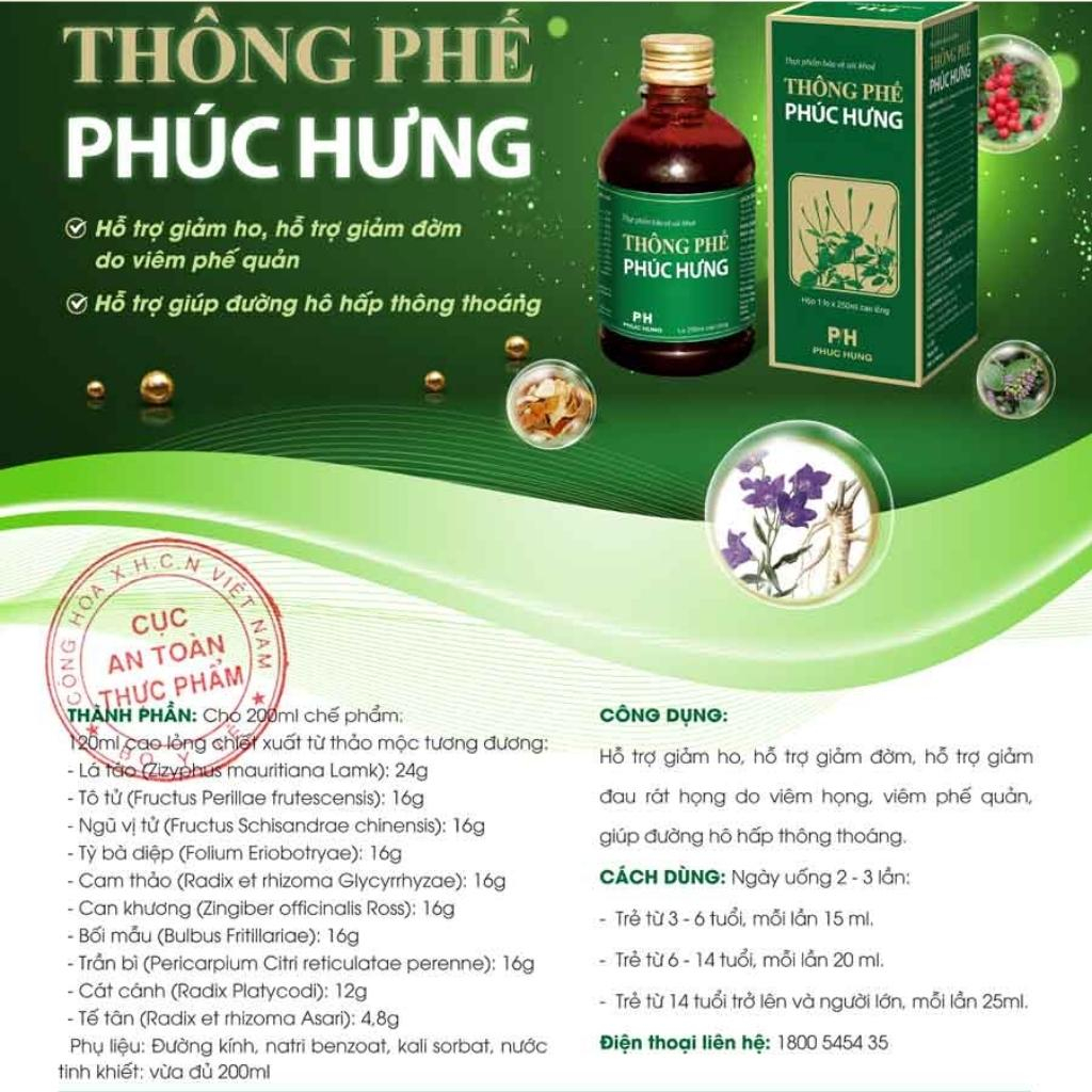 Thông phế Phúc Hưng| Hỗ Trợ Giảm Ho Đờm, Giúp Thông Thoáng Đường Hô Hấp| Lọ 250ml