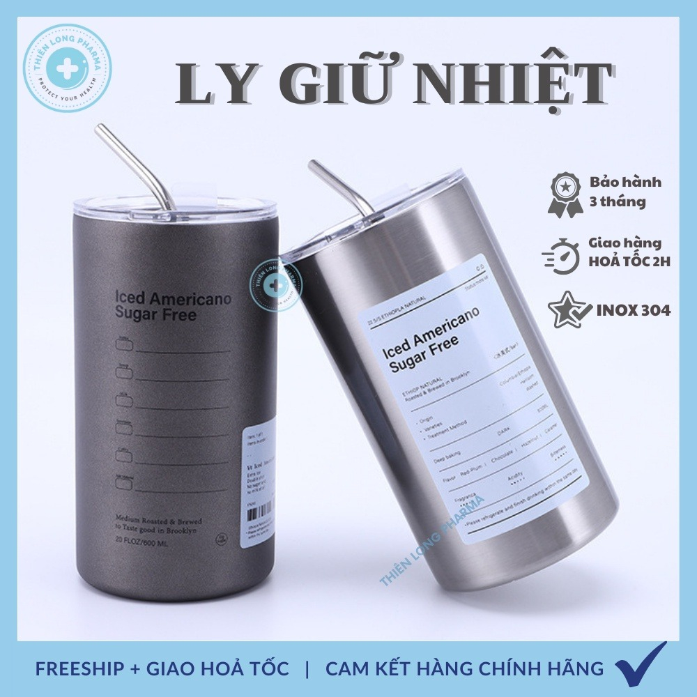 Ly Giữ Nhiệt Americano Inox 304 Cao Cấp 600ml - Cốc Uống Nước Giữ Nhiệt Có Ống Hút Siêu Tiện Lợi