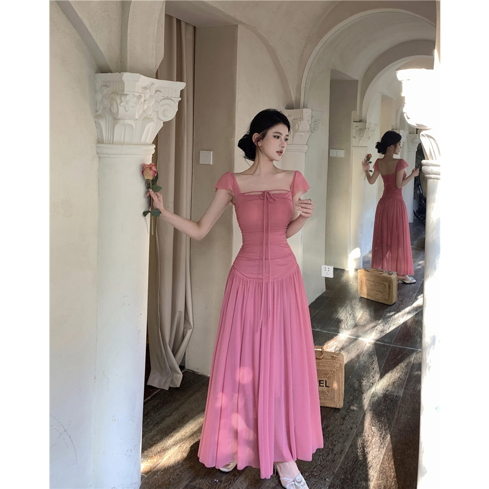 Đầm/Váy Dáng Dài Màu Hồng Sling Sling Mùa Hè Kiểu Cổ Thuyền Trễ Vai Phong Cách Nhẹ Nhàng Tiểu Thư - Sốp Nhỏ