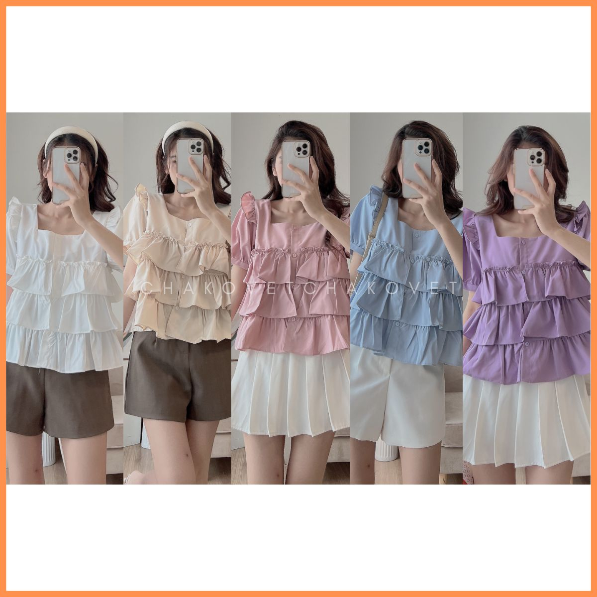 Áo babydoll dáng ngắn ba tầng sành điệu A8640 Áo sơ mi thiết kế cổ vuông mix tay phồng cánh tiên cực xinh - CHAKOVET