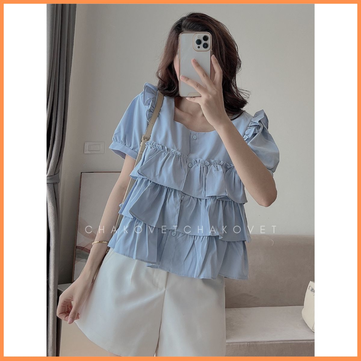Áo babydoll dáng ngắn ba tầng sành điệu A8640 Áo sơ mi thiết kế cổ vuông mix tay phồng cánh tiên cực xinh - CHAKOVET