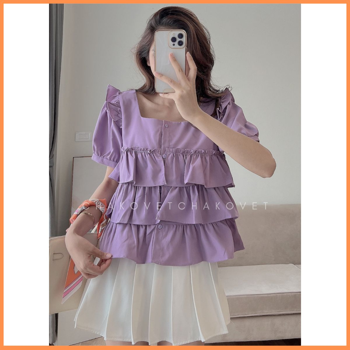 Áo babydoll dáng ngắn ba tầng sành điệu A8640 Áo sơ mi thiết kế cổ vuông mix tay phồng cánh tiên cực xinh - CHAKOVET