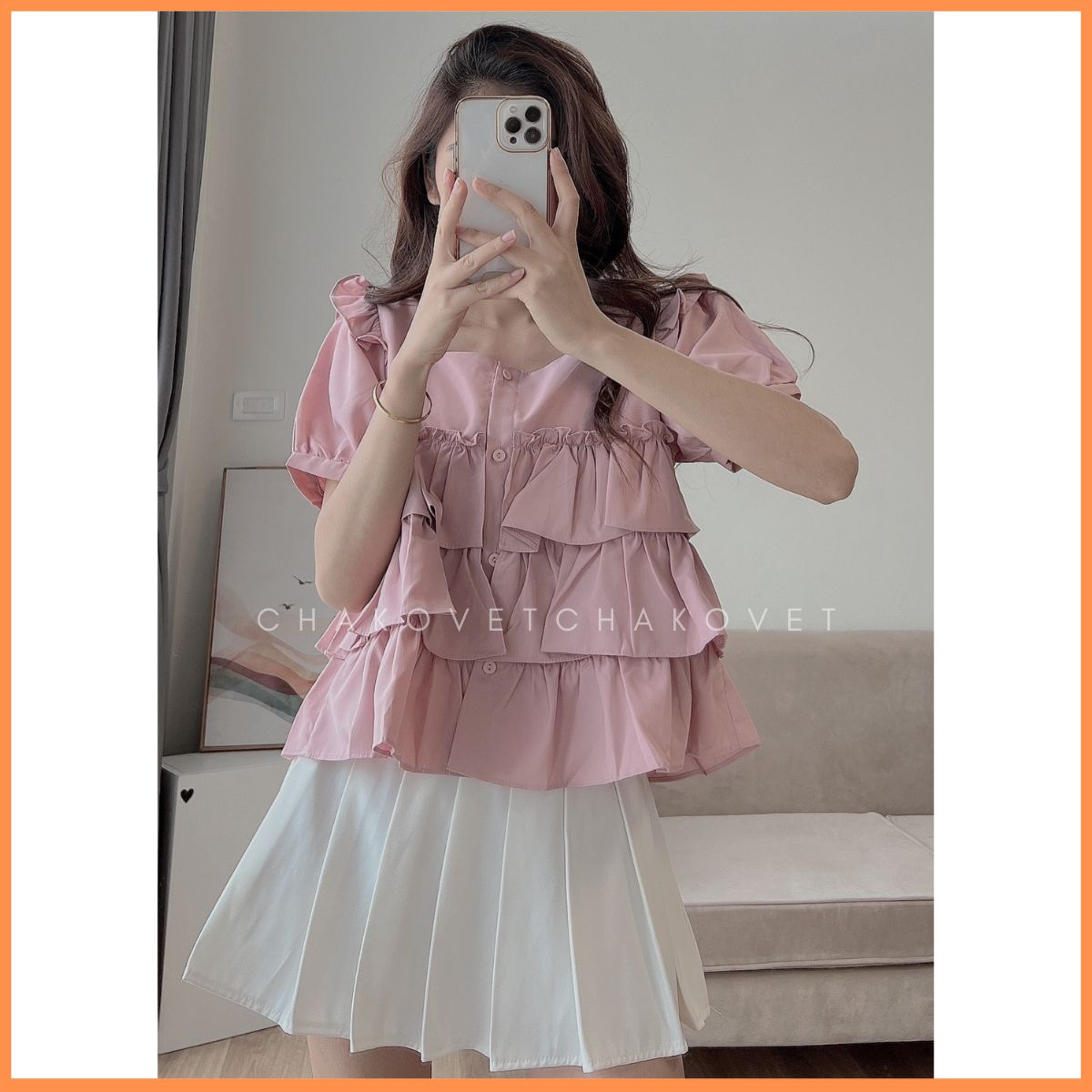 Áo babydoll dáng ngắn ba tầng sành điệu A8640 Áo sơ mi thiết kế cổ vuông mix tay phồng cánh tiên cực xinh - CHAKOVET