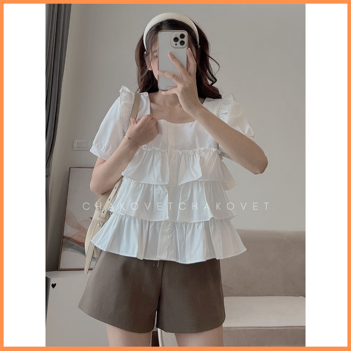 Áo babydoll dáng ngắn ba tầng sành điệu A8640 Áo sơ mi thiết kế cổ vuông mix tay phồng cánh tiên cực xinh - CHAKOVET