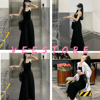 Váy body viền trắng tôn dáng/Đầm maxi 2 dây ôm body màu đen basic phong cách trẻ trung quyến rũ VEESTORE