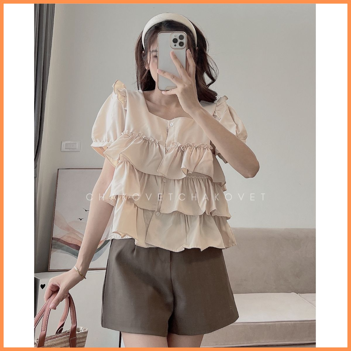 Áo babydoll dáng ngắn ba tầng sành điệu A8640 Áo sơ mi thiết kế cổ vuông mix tay phồng cánh tiên cực xinh - CHAKOVET