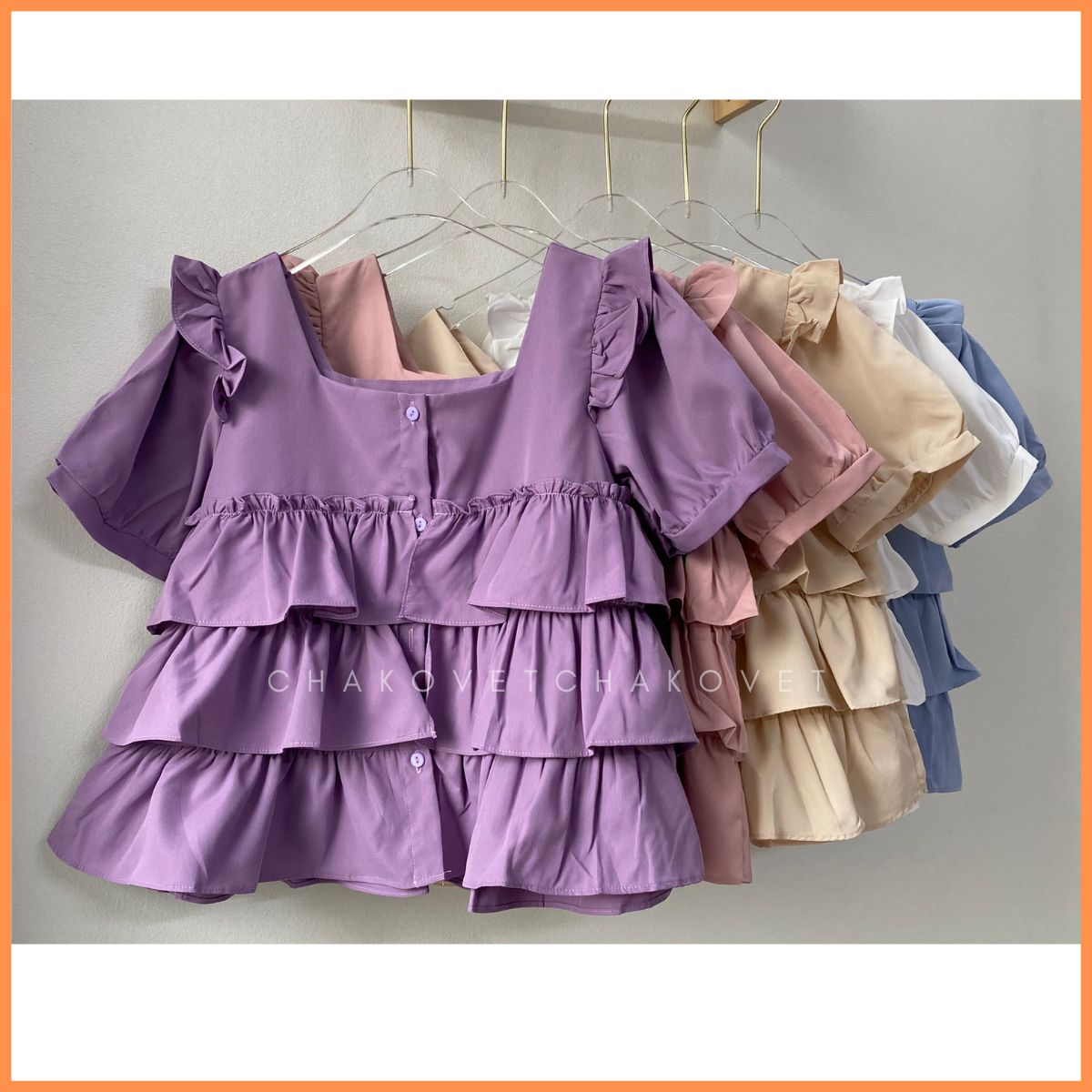 Áo babydoll dáng ngắn ba tầng sành điệu A8640 Áo sơ mi thiết kế cổ vuông mix tay phồng cánh tiên cực xinh - CHAKOVET