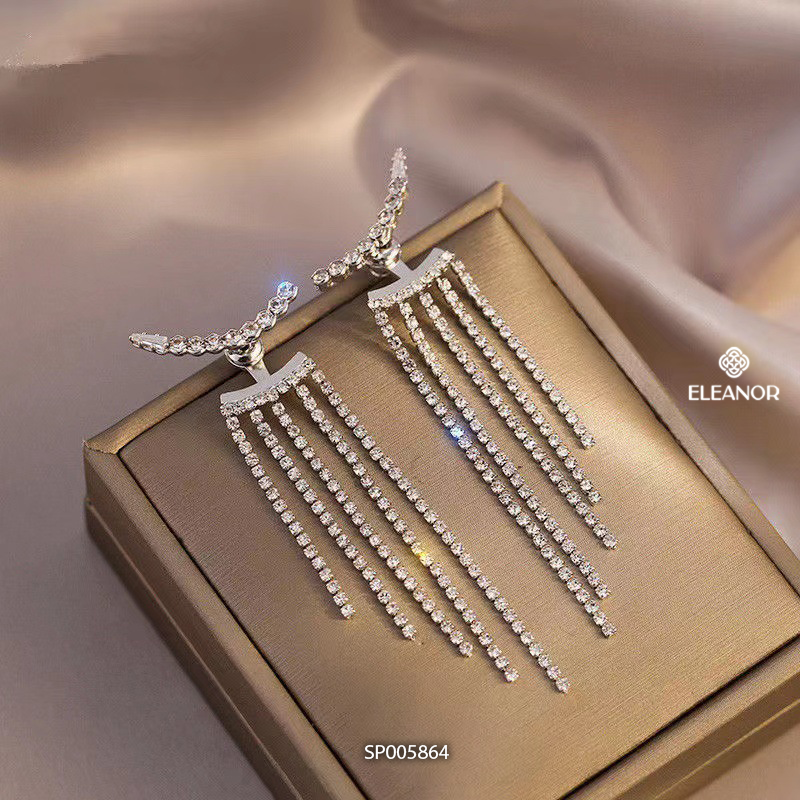 Bông tai nữ chuôi bạc 925 Eleanor Accessories dáng dài tua rua đính đá phụ kiện trang sức 5864