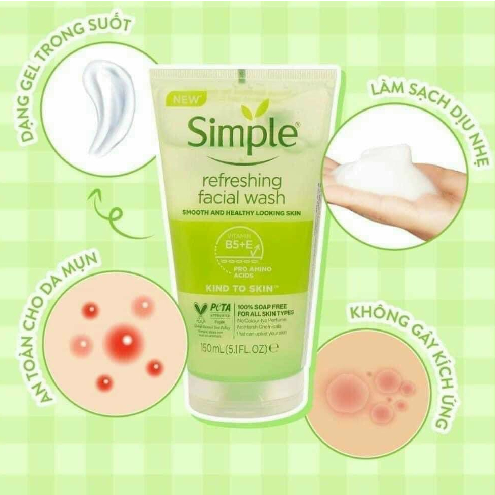 Sữa rửa mặt Simple giúp da sạch thoáng & không chứa xà phòng 150ml