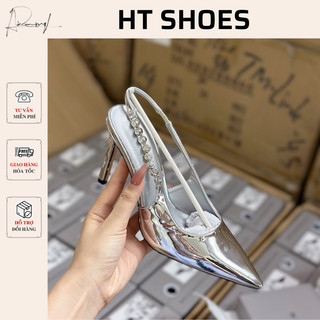 Giày sandal cao gót C đế cao 7cm mũi nhọn phối quai đá hở gót sang chảnh phong cách retro siêu tôn dáng hàng Fullbox