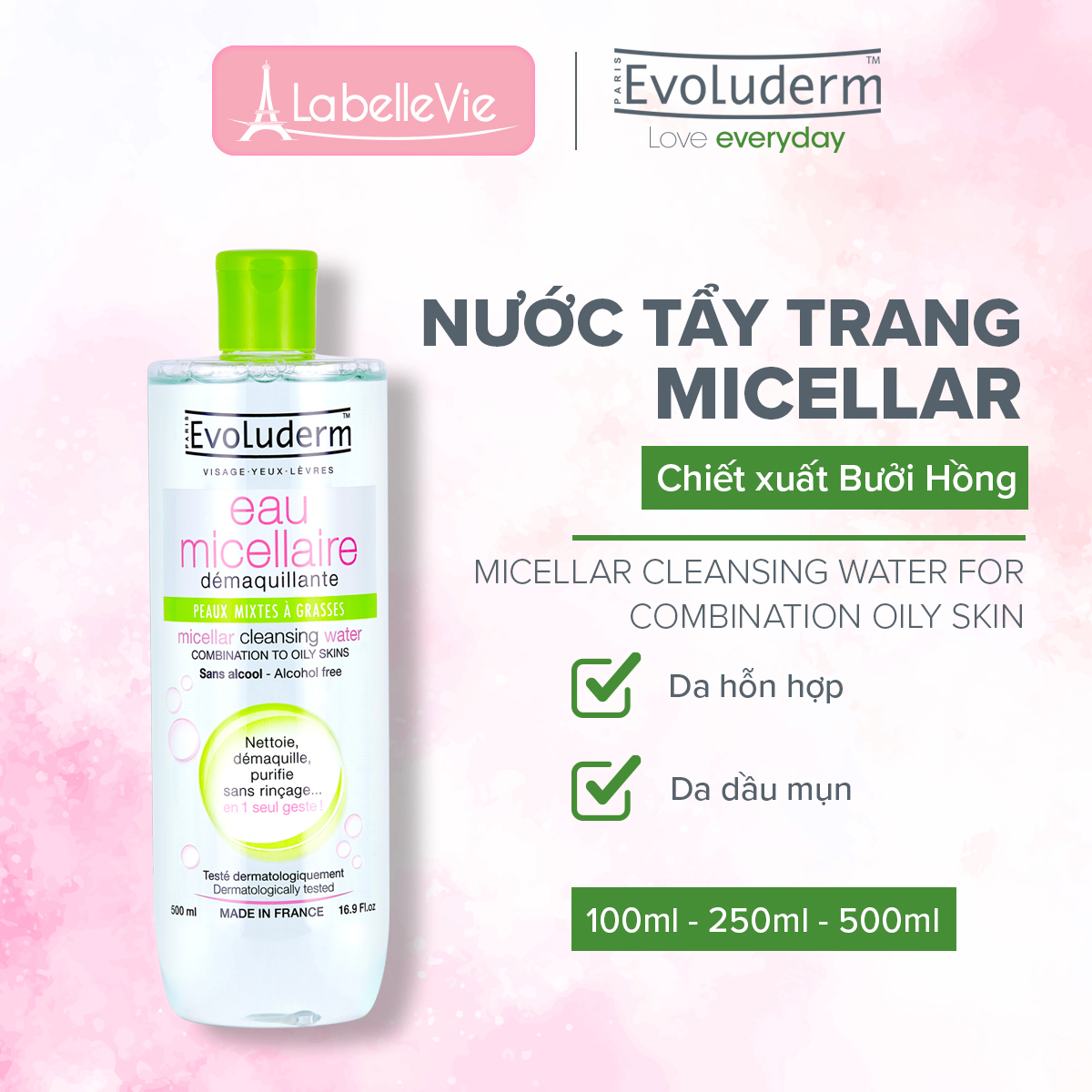 [ HB Gift ] Nước tẩy trang làm sạch sâu chính hãng Evoluderm Eau Micellaire 500ml