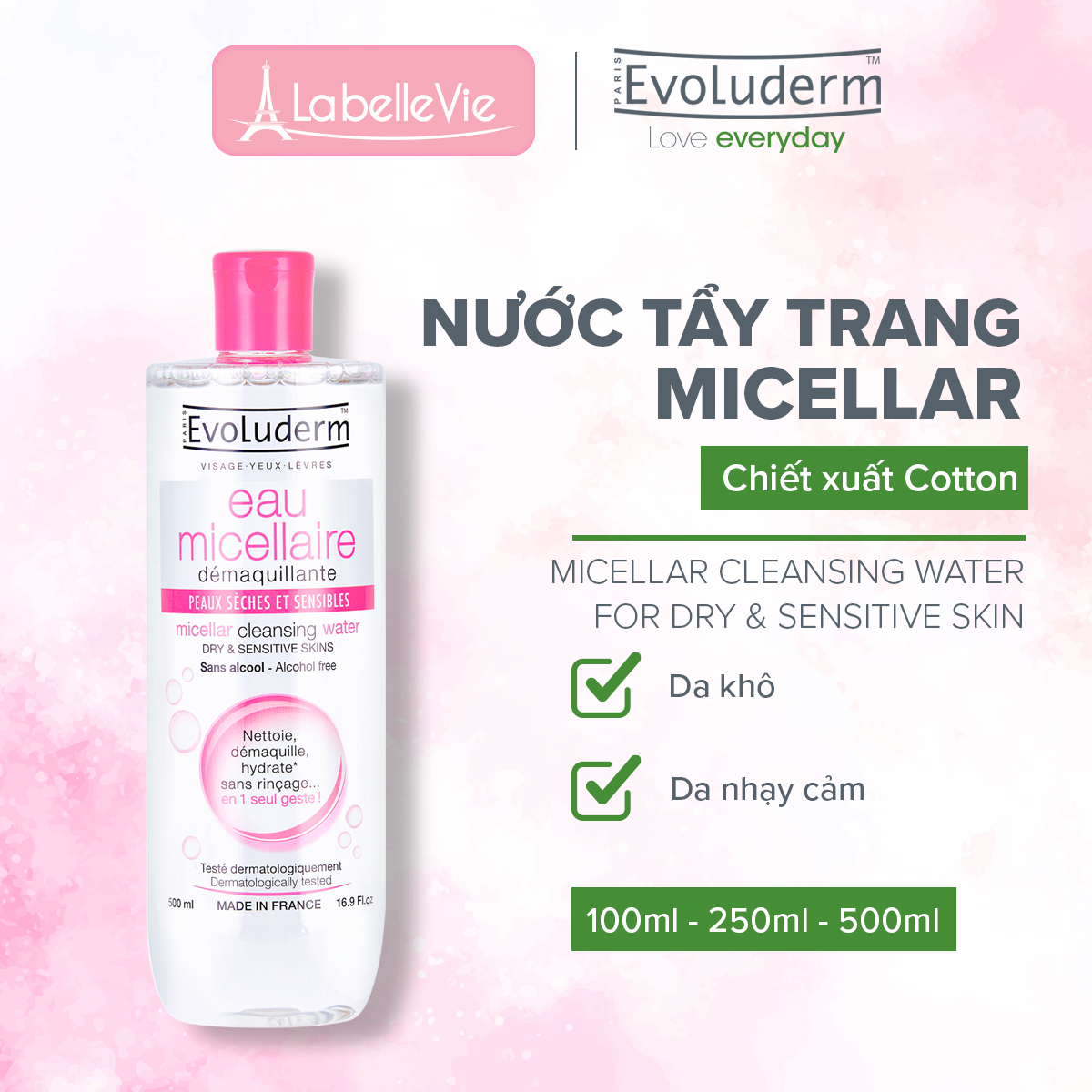 [ HB Gift ] Nước tẩy trang làm sạch sâu chính hãng Evoluderm Eau Micellaire 500ml