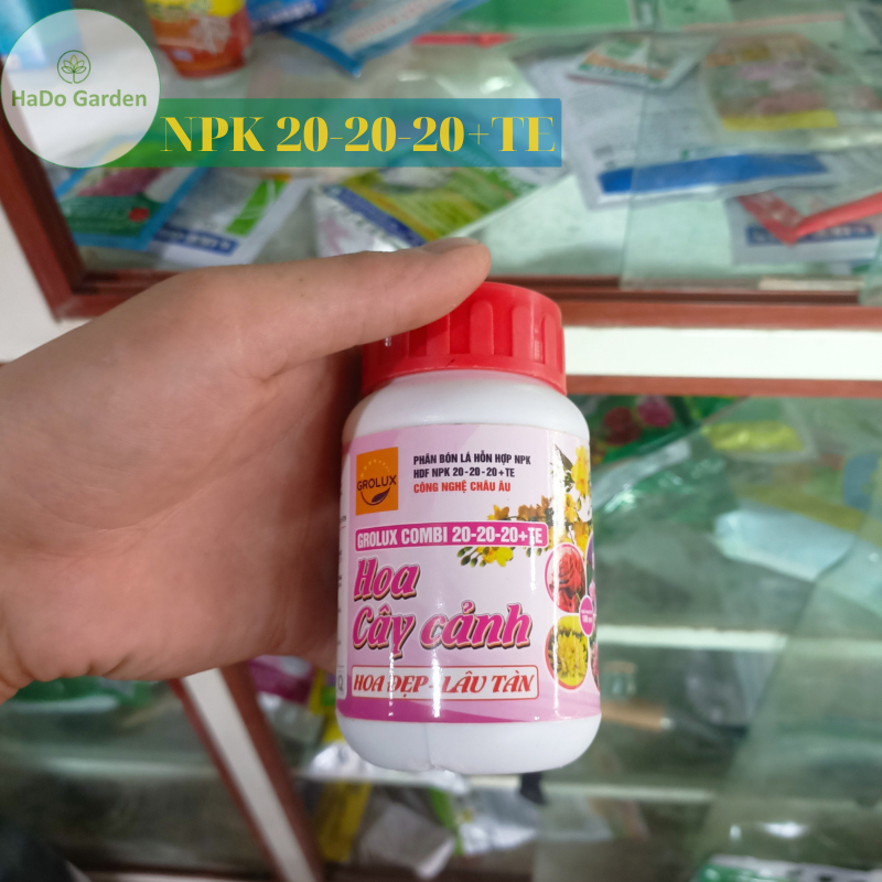 Phân bón Grolux Combi NPK 20-20-20 + te 100g cho cây cảnh hoa đẹp, lâu tàn