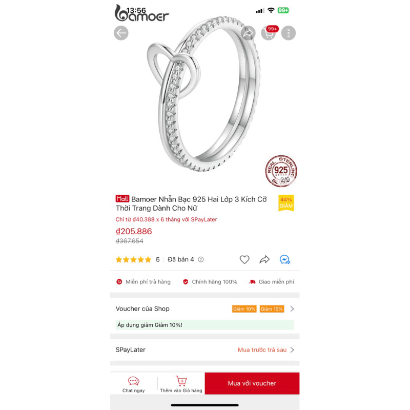 Nhẫn bạc trái tim đính đá mua của shop bamoer