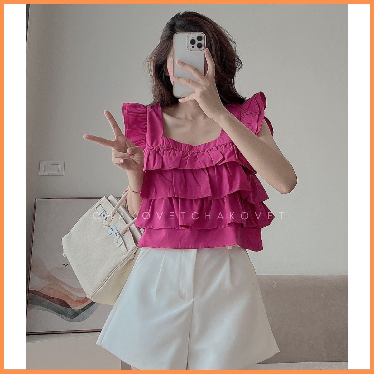 Áo babydoll croptop xếp tầng A8646 Áo dáng ngắn thiết kế cổ vuông mix tay cánh tiên kèm dây thắt nơ nhỏ lưng xinh xắn