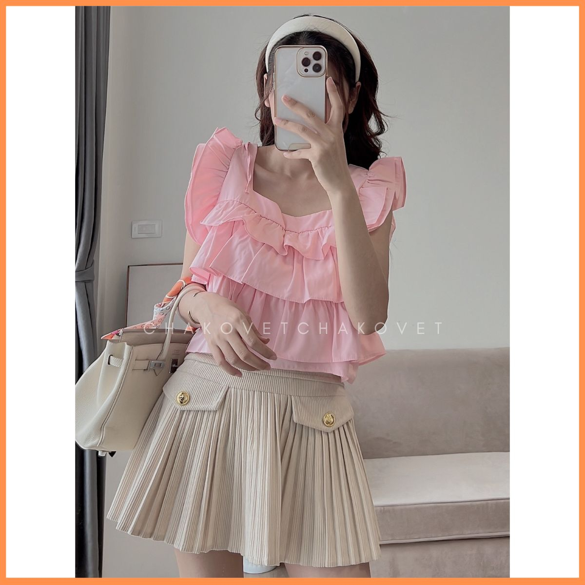 Áo babydoll croptop xếp tầng A8646 Áo dáng ngắn thiết kế cổ vuông mix tay cánh tiên kèm dây thắt nơ nhỏ lưng xinh xắn