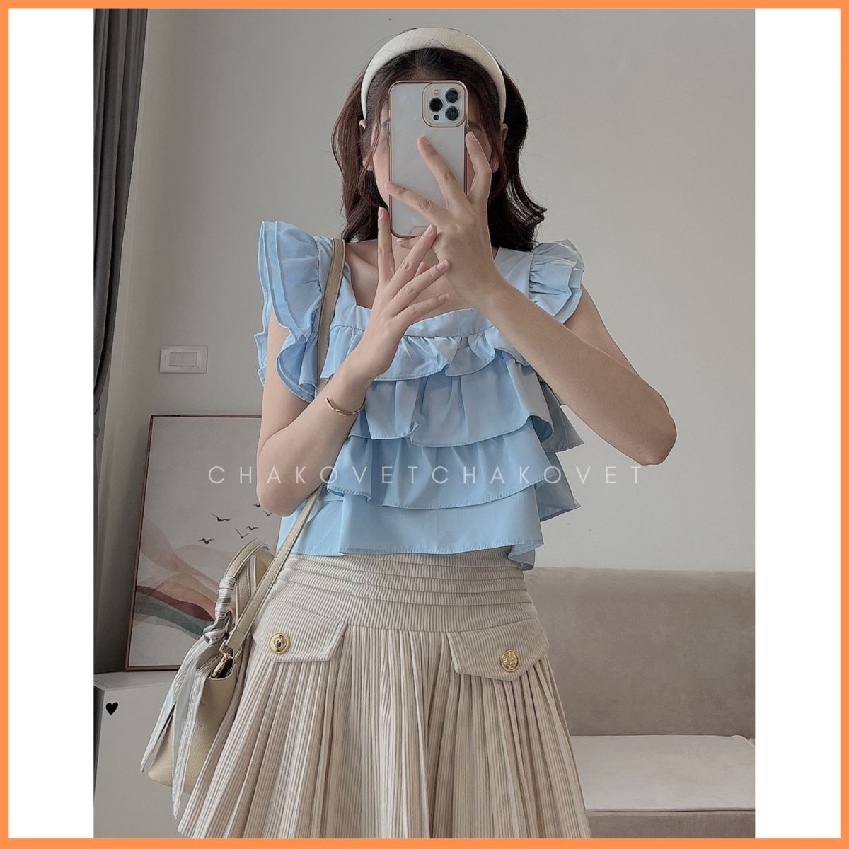 Áo babydoll croptop xếp tầng A8646 Áo dáng ngắn thiết kế cổ vuông mix tay cánh tiên kèm dây thắt nơ nhỏ lưng xinh xắn