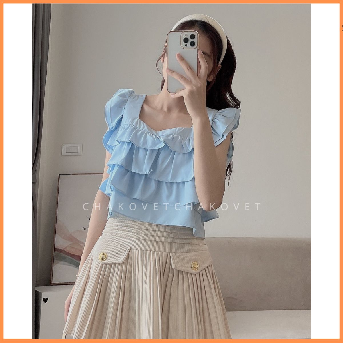 Áo babydoll croptop xếp tầng A8646 Áo dáng ngắn thiết kế cổ vuông mix tay cánh tiên kèm dây thắt nơ nhỏ lưng xinh xắn