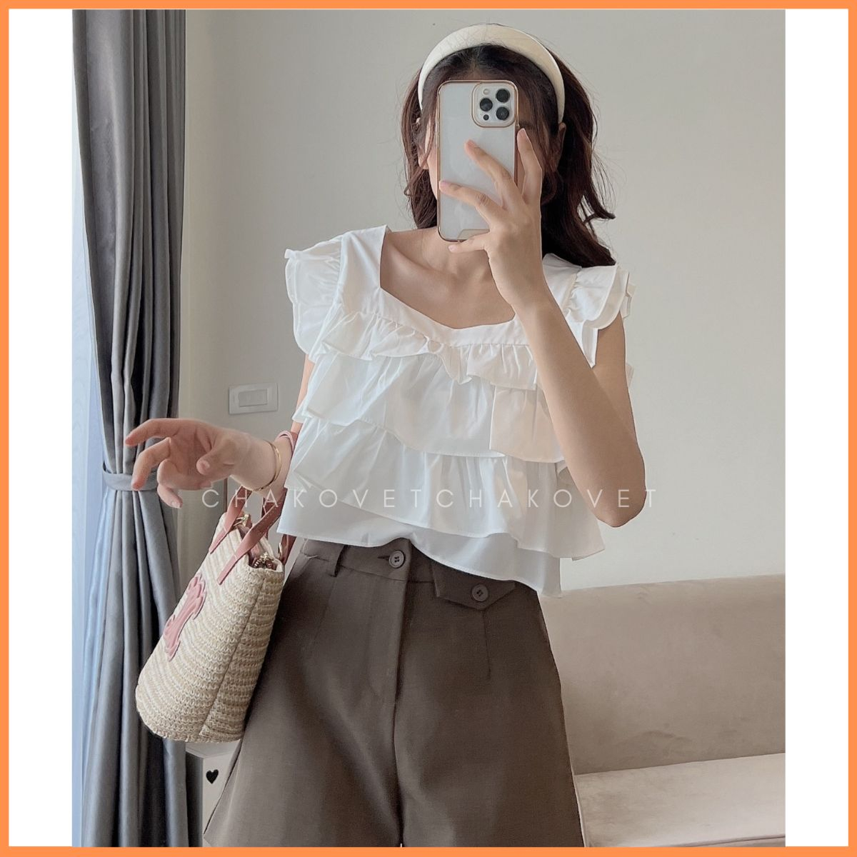 Áo babydoll croptop xếp tầng A8646 Áo dáng ngắn thiết kế cổ vuông mix tay cánh tiên kèm dây thắt nơ nhỏ lưng xinh xắn