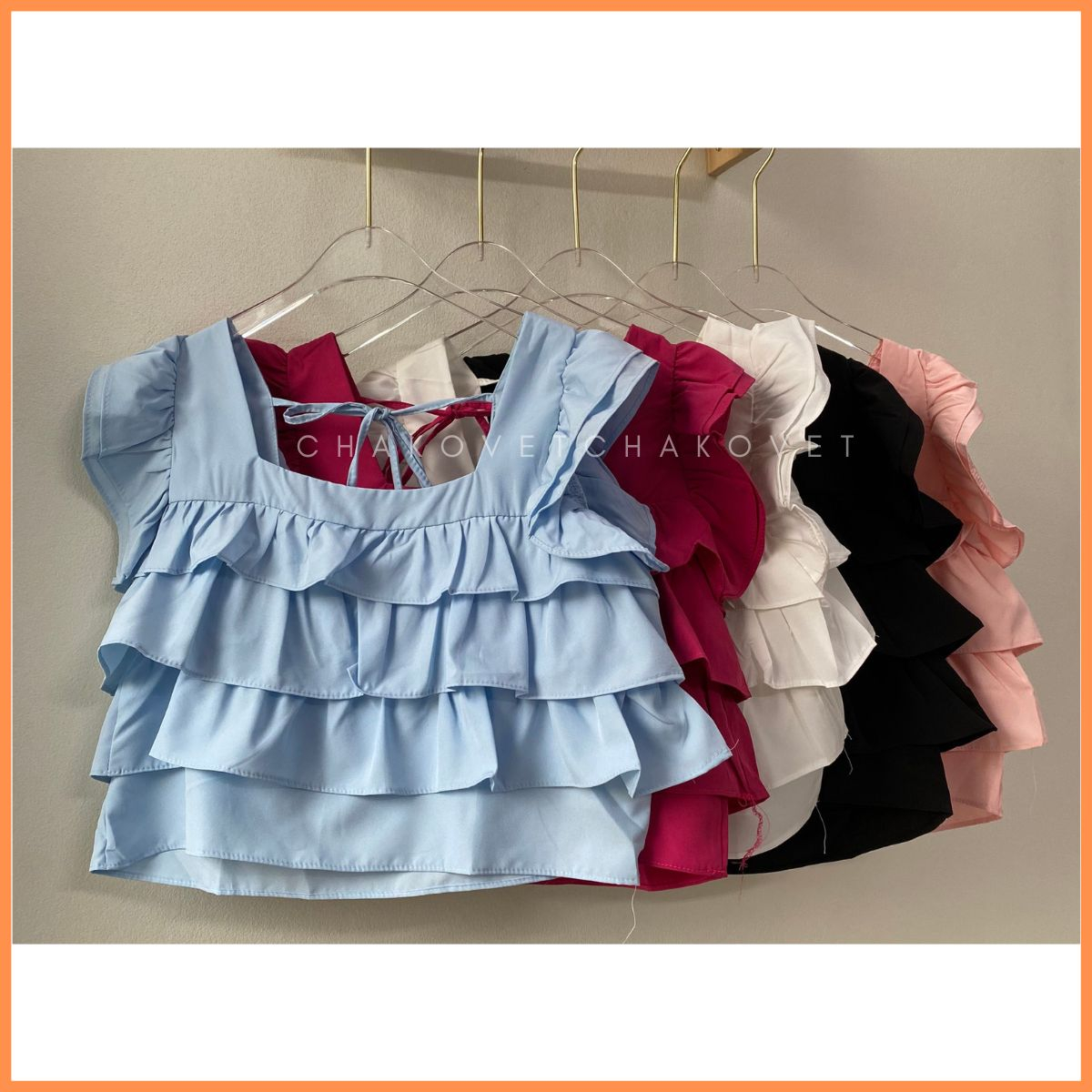 Áo babydoll croptop xếp tầng A8646 Áo dáng ngắn thiết kế cổ vuông mix tay cánh tiên kèm dây thắt nơ nhỏ lưng xinh xắn