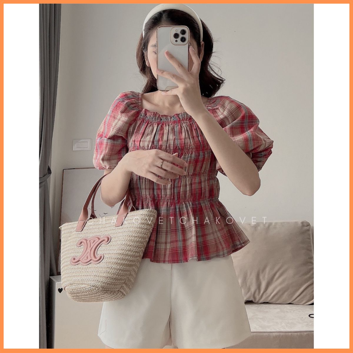 Áo kiểu nữ tay phồng sành điệu A8647 Áo nữ thiết kế cổ vuông bo chun ngực kèm dây nhỏ thắt nơ lưng sang chảnh - CHAKOVET