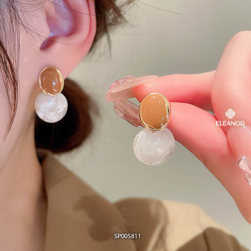 Bông tai nữ chuôi bạc 925 Eleanor Accessories hình tròn đôi họa tiết vân đá loang màu phụ kiện trang sức 5811